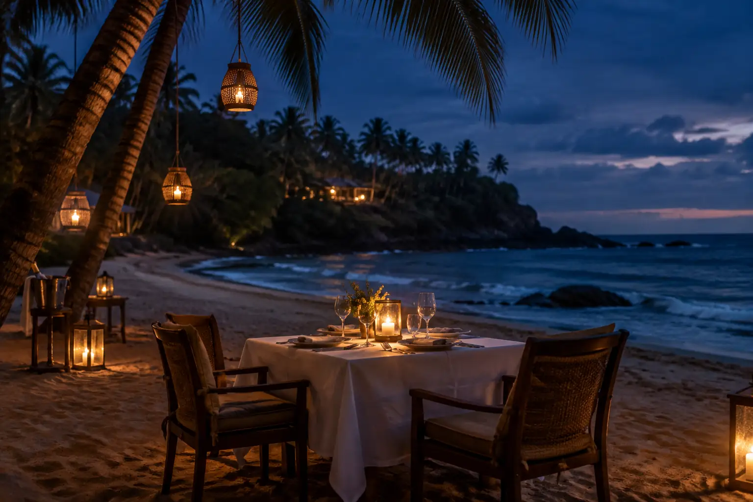 A candlelit private dinner table set on an empty tropical beach in Tangalle at blue hour