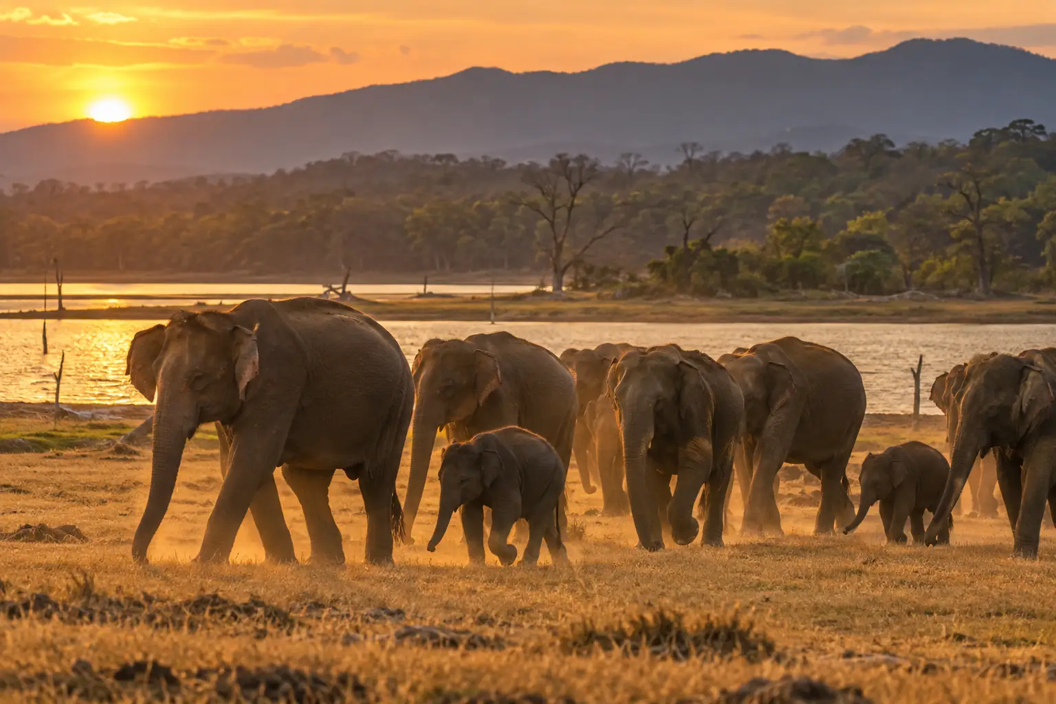 A herd of Sri Lankan elephants crossing golden grassland at sunset in Minneriya National Park