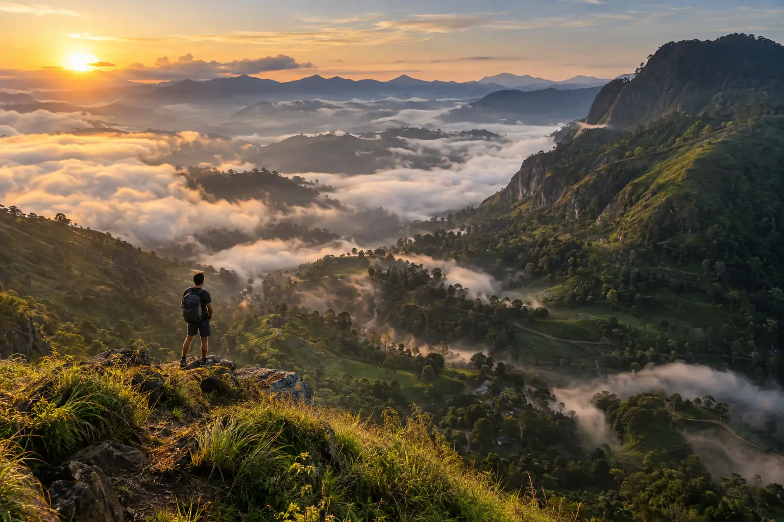 A hiker on the cliff edge of Ella Rock above a valley of tea slopes filled with cloud at sunrise