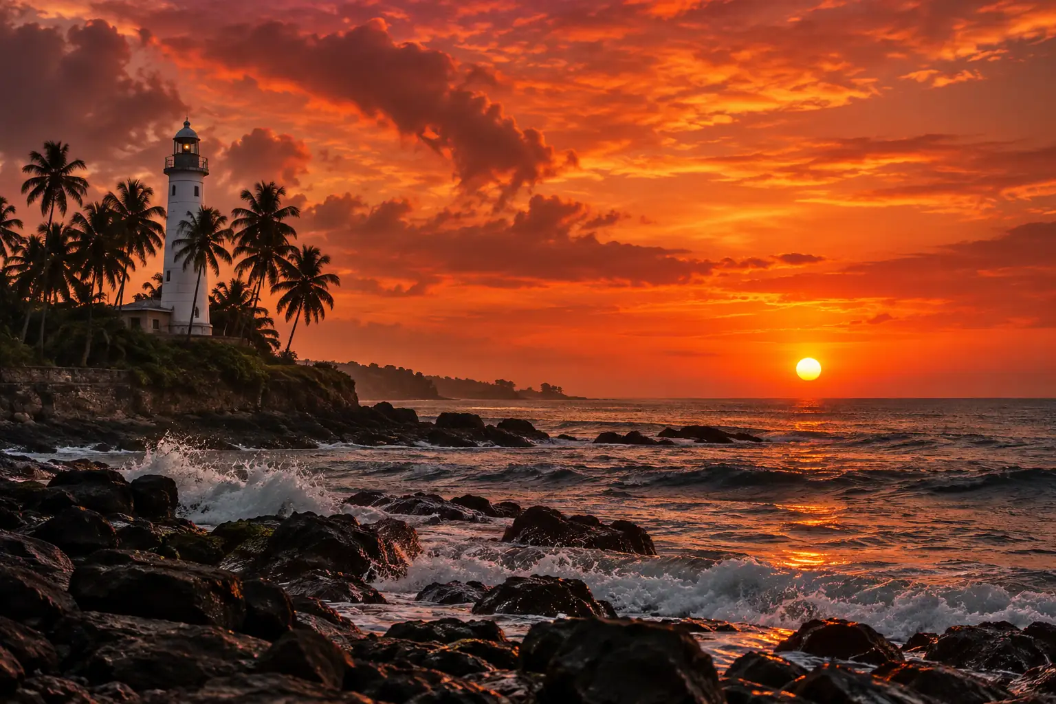 A lighthouse among coconut palms silhouetted against a burning sunset on Sri Lanka's south coast