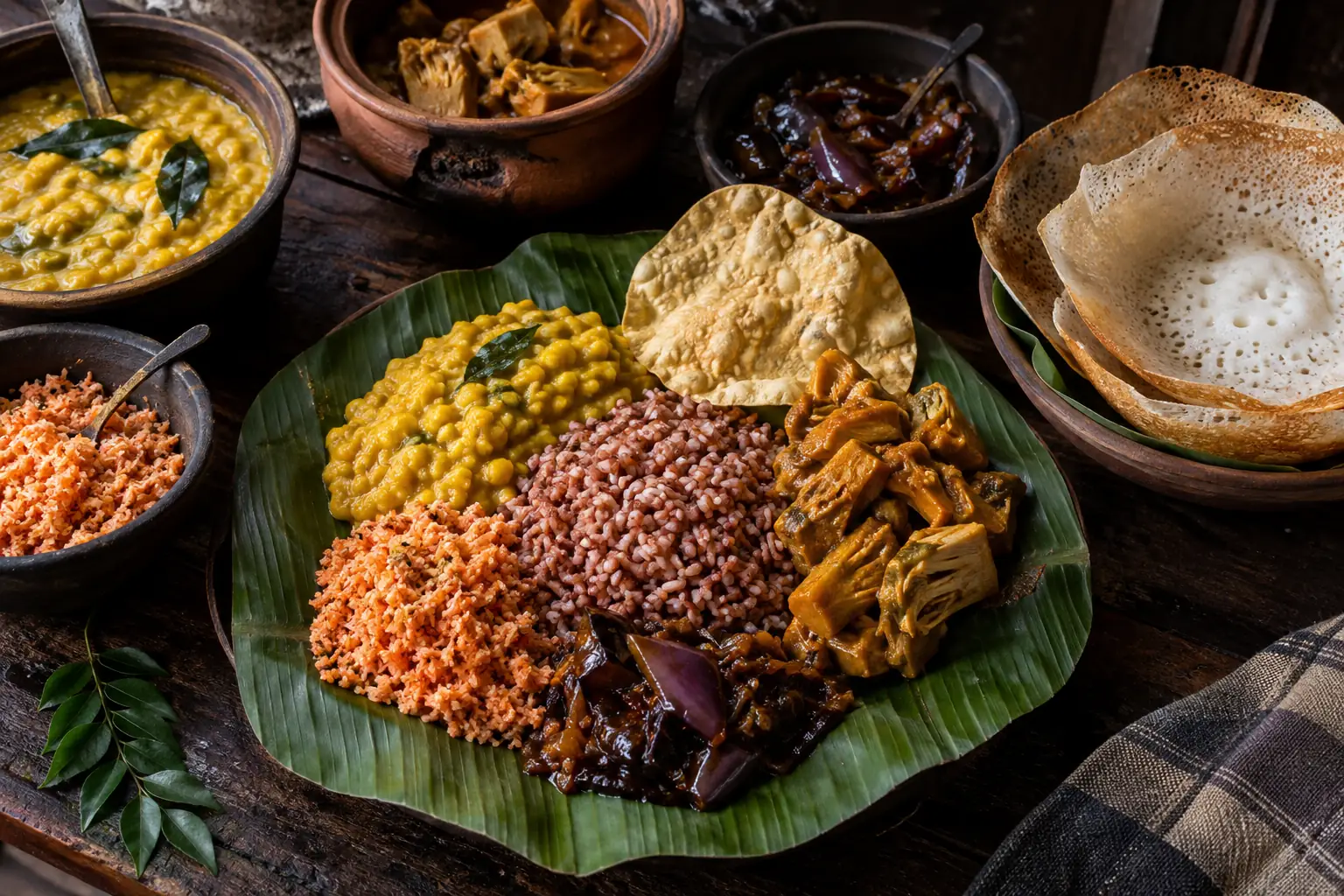 An overhead spread of authentic Sri Lankan rice and curry dishes, hoppers and sambols on a dark table