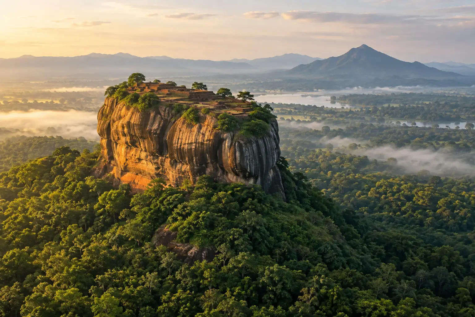Sigiriya Rock Fortress rising above green forest
