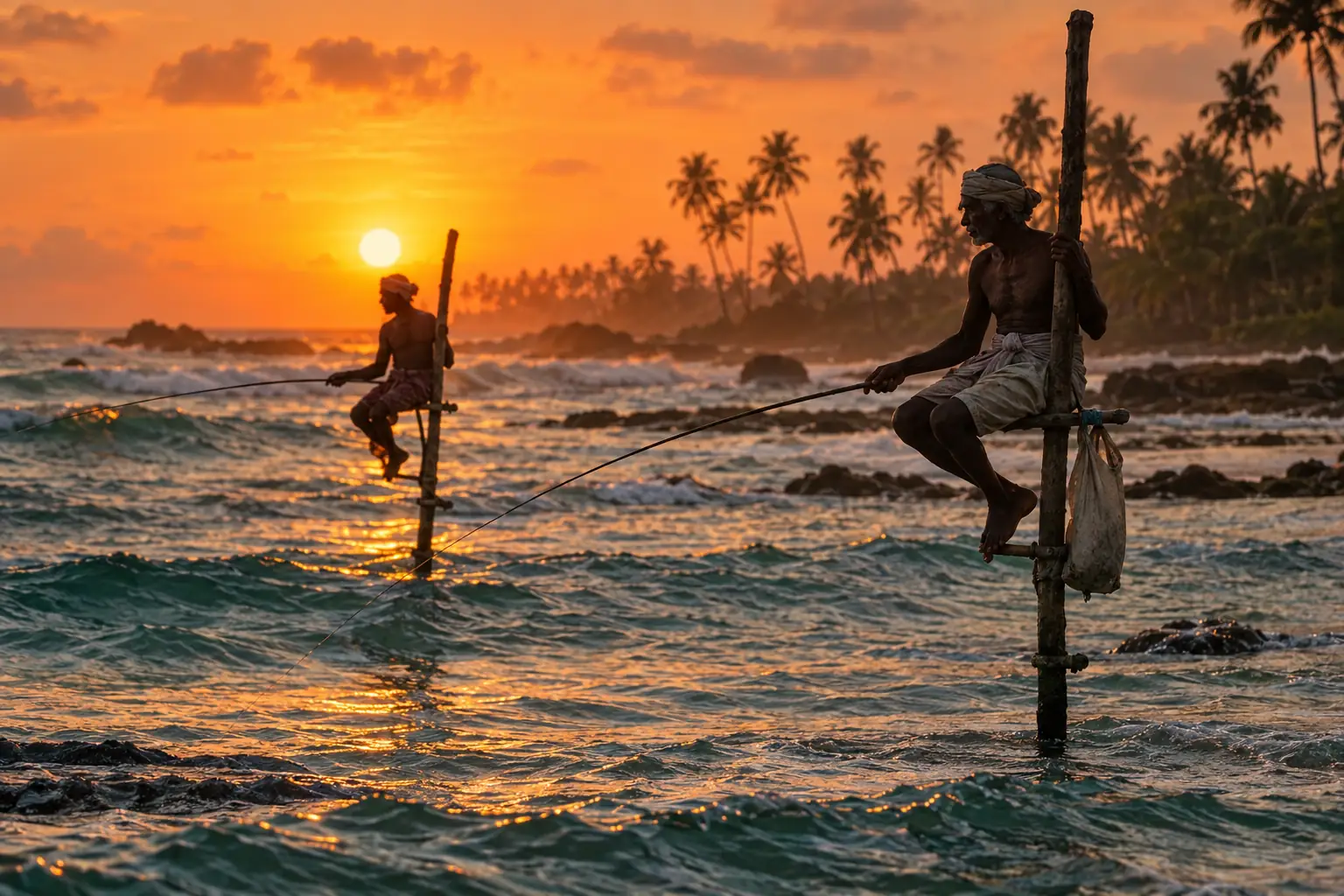 Traditional Sri Lankan stilt fishermen silhouetted against an orange sunset on the south coast