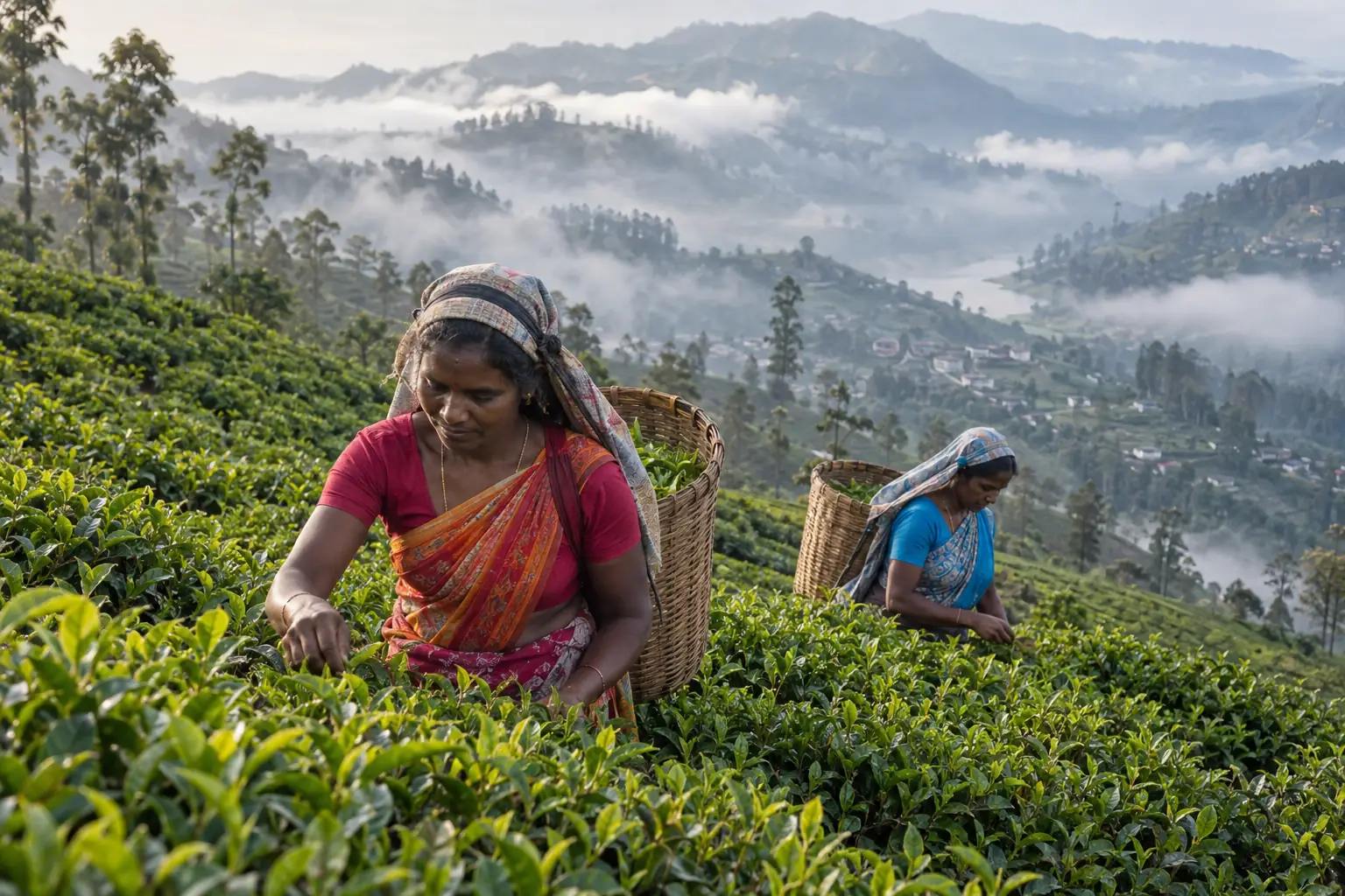 Tea pluckers with woven baskets working terraced tea fields in Sri Lanka's misty highlands