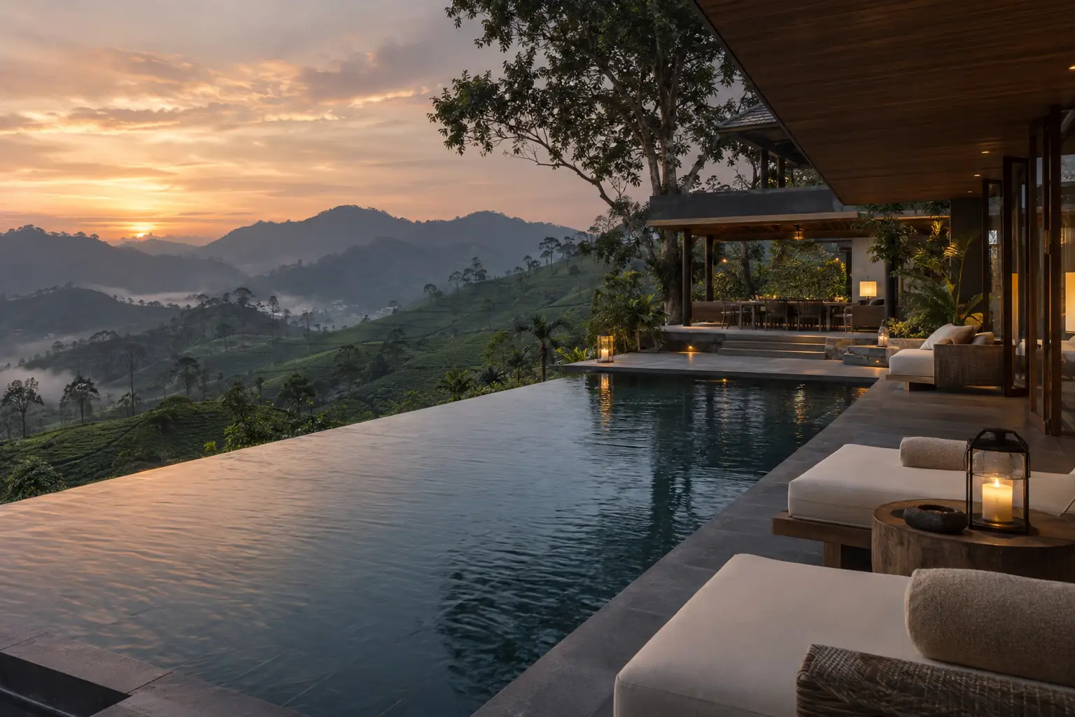 A dark stone infinity pool on a luxury villa terrace overlooking misty tea-covered mountains