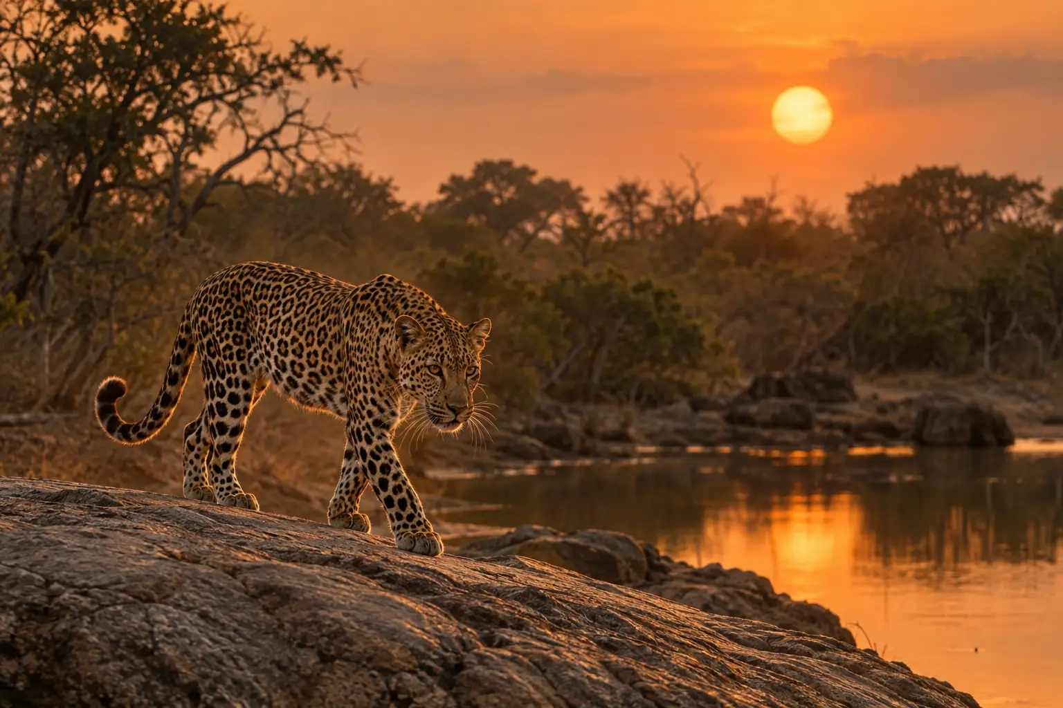 A Sri Lankan leopard walking along a granite rock in Yala National Park at dusk